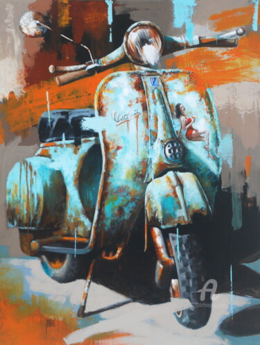 Painting titled "Vespa bleue" by Sylvie Julkowski-Egard, Original Artwork, Oil Mounted on Wood Stretcher frame