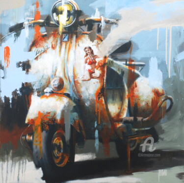 Painting titled "Petite Vespa" by Sylvie Julkowski-Egard, Original Artwork, Oil Mounted on Wood Stretcher frame