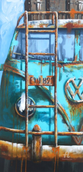 Painting titled "Combi VW" by Sylvie Julkowski-Egard, Original Artwork, Oil Mounted on Wood Stretcher frame