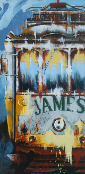 Schilderij getiteld "Tramway jaune" door Sylvie Julkowski-Egard, Origineel Kunstwerk, Olie Gemonteerd op Frame voor houten b…