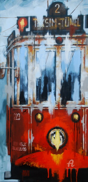 Painting titled "Tramway rouge" by Sylvie Julkowski-Egard, Original Artwork, Oil Mounted on Wood Stretcher frame