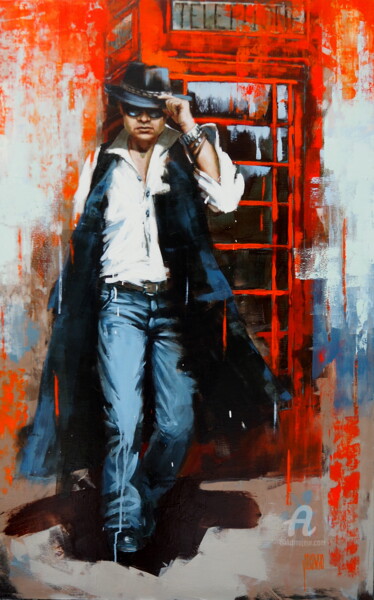 Painting titled "A Frenchman in Lond…" by Sylvie Julkowski-Egard, Original Artwork, Oil Mounted on Wood Stretcher frame