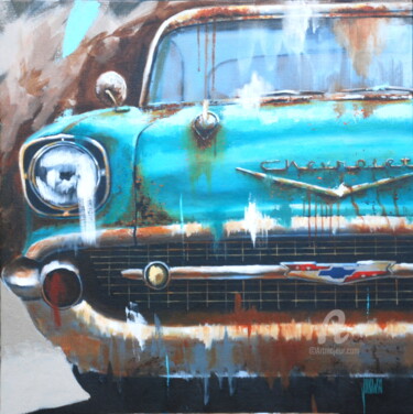 Painting titled "Chevrolet Bel-Air" by Sylvie Julkowski-Egard, Original Artwork, Oil Mounted on Wood Stretcher frame