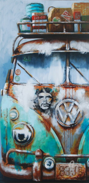 Painting titled "Combi VW vert" by Sylvie Julkowski-Egard, Original Artwork, Oil Mounted on Wood Stretcher frame