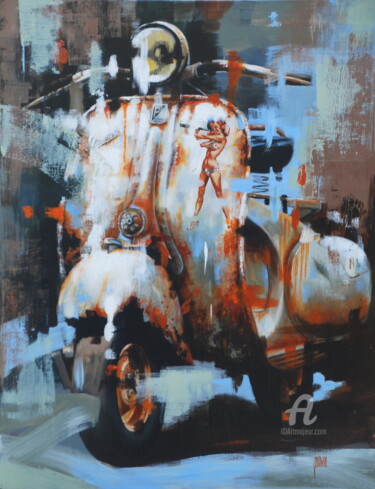 Painting titled "Vespa blanche" by Sylvie Julkowski-Egard, Original Artwork, Oil Mounted on Wood Stretcher frame