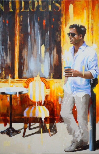 Painting titled "Au café de l'Ile Sa…" by Sylvie Julkowski-Egard, Original Artwork, Oil Mounted on Wood Stretcher frame