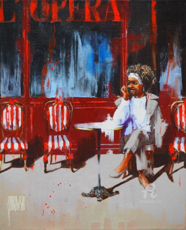 Painting titled "Le café de l'Opéra" by Sylvie Julkowski-Egard, Original Artwork, Oil Mounted on Wood Stretcher frame