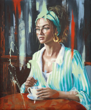 Painting titled "Tea time" by Sylvie Julkowski-Egard, Original Artwork, Oil Mounted on Wood Stretcher frame