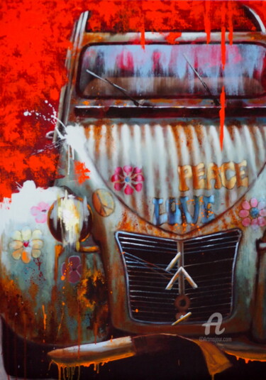 Painting titled "2 CV Flower Power" by Sylvie Julkowski-Egard, Original Artwork, Oil Mounted on Wood Stretcher frame