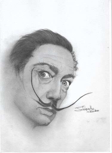 Рисунок под названием "Dali" - Sylvie Laprelle, Подлинное произведение искусства, Карандаш Установлен на Стекло