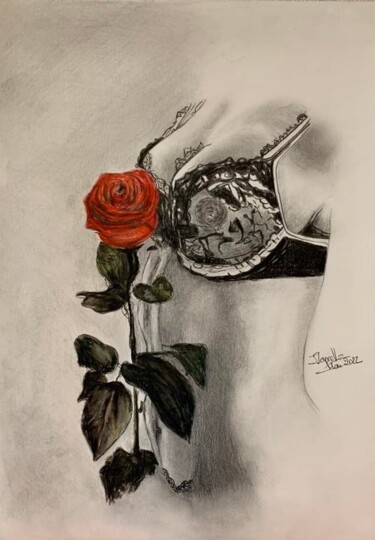 Drawing titled "La rose" by Sylvie Laprelle, Original Artwork, Pencil