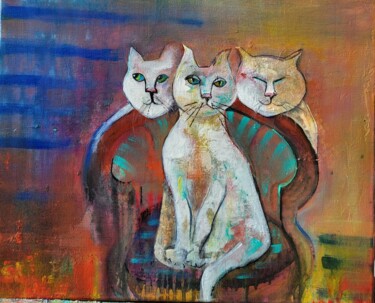 Painting titled "3 chats blancs" by Sylvie Le Boulh, Original Artwork, Acrylic Mounted on Wood Stretcher frame