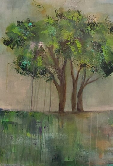 Painting titled "Les Arbres" by Sylvie Le Boulh, Original Artwork, Acrylic Mounted on Wood Stretcher frame