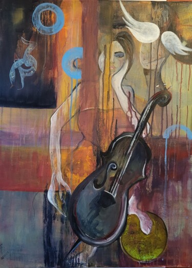Painting titled "Femme au viol9ncelle" by Sylvie Le Boulh, Original Artwork, Acrylic Mounted on Wood Stretcher frame
