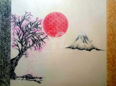 Malarstwo zatytułowany „Mont Fuji” autorstwa Sylvie Léandre, Oryginalna praca, Akryl Zamontowany na Panel drewniany