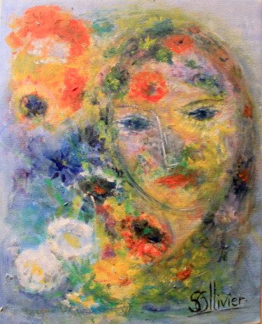 Painting titled "vierge fleurie" by Sylvie Ollivier, Original Artwork, Oil