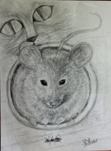 Drawing titled "le chat et la souris" by Sylvie Ollivier, Original Artwork, Conté