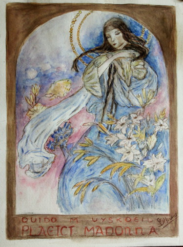 Malerei mit dem Titel "la Madonne aux lys…" von Sylvie Ollivier, Original-Kunstwerk, Aquarell