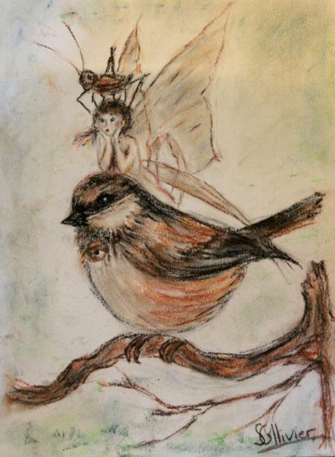 Dessin intitulée "l'elfe et l'oiseau" par Sylvie Ollivier, Œuvre d'art originale, Pastel