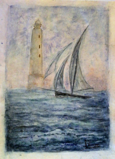 Painting titled "phare breton" by Sylvie Ollivier, Original Artwork, Watercolor