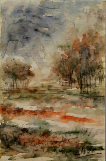 Painting titled "campagne" by Sylvie Ollivier, Original Artwork, Watercolor