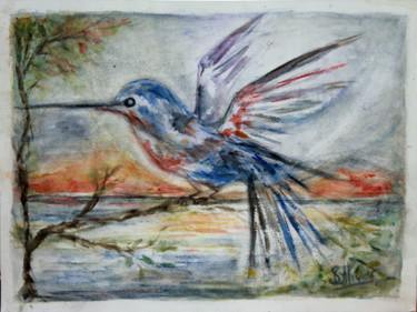 Painting titled "envol d'oiseau" by Sylvie Ollivier, Original Artwork, Watercolor