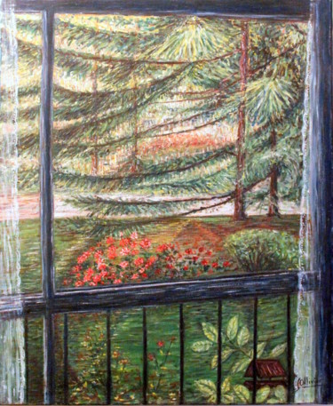Painting titled "vue sur mon jardin" by Sylvie Ollivier, Original Artwork, Oil