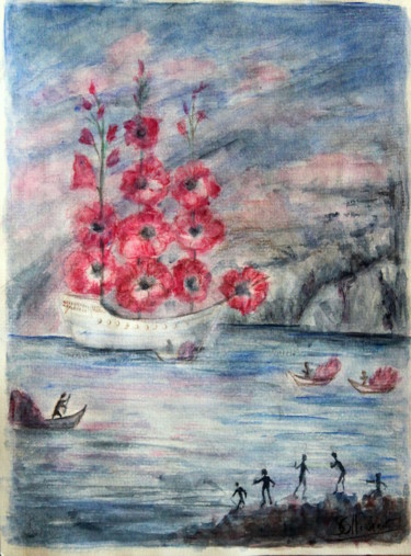 Peinture intitulée "bateau fleuri de Sa…" par Sylvie Ollivier, Œuvre d'art originale, Aquarelle