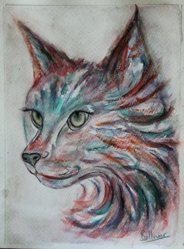 Картина под названием "chat en couleur" - Sylvie Ollivier, Подлинное произведение искусства, Акварель