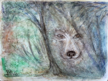 Painting titled "esprit du loup" by Sylvie Ollivier, Original Artwork, Watercolor