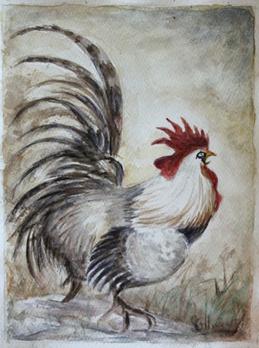 Painting titled "coq chinois" by Sylvie Ollivier, Original Artwork, Watercolor
