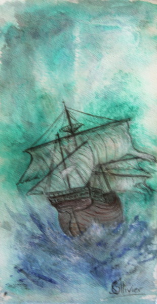 Pintura intitulada "bateau de pirates" por Sylvie Ollivier, Obras de arte originais, Aquarela