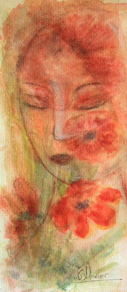 Painting titled "vierge aux fleurs" by Sylvie Ollivier, Original Artwork, Watercolor