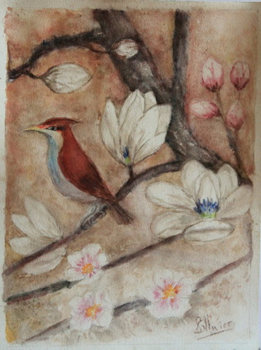 Peinture intitulée "l'oiseau aux fleurs" par Sylvie Ollivier, Œuvre d'art originale, Aquarelle