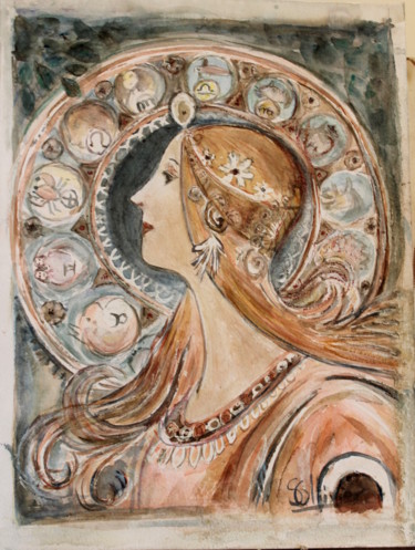 Malerei mit dem Titel "hommage-a-mucha." von Sylvie Ollivier, Original-Kunstwerk, Aquarell