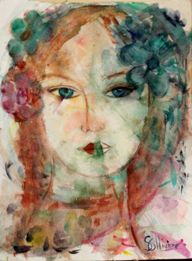 Painting titled "jeune fille" by Sylvie Ollivier, Original Artwork, Watercolor