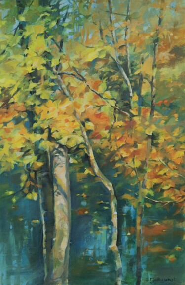 Painting titled "automne" by Sylvie Malbrunot, Original Artwork, Oil Mounted on Wood Stretcher frame