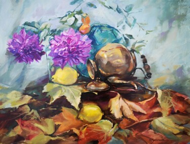 Painting titled "nature morte aux da…" by Sylvie Malbrunot, Original Artwork, Oil Mounted on Wood Stretcher frame