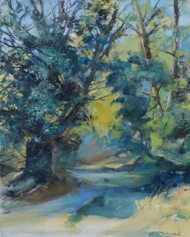 Painting titled "Sous-bois" by Sylvie Malbrunot, Original Artwork, Oil Mounted on Wood Stretcher frame