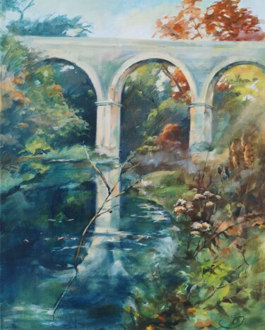 Painting titled "Pont" by Sylvie Malbrunot, Original Artwork, Oil Mounted on Wood Stretcher frame