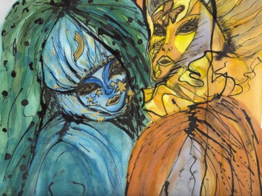 Peinture intitulée "Les masques de Veni…" par Sylvie Mallet, Œuvre d'art originale, Encre