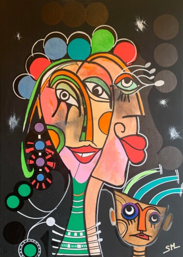 Tableau art contemporain, inspiration cubisme, acrylique .Vi Painting titled "Tableau art contemp…" by Sylvie Mercadier Cougoule, Original Artwork, Acrylic Mounted on Wood Stretcher fra…