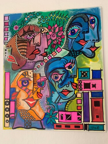 Painting titled "peinture cubisme et…" by Sylvie Mercadier Cougoule, Original Artwork, Acrylic