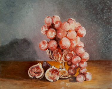 Painting titled "Raisins et figues" by Sylvie Mespoulhé, Original Artwork, Oil Mounted on Wood Stretcher frame