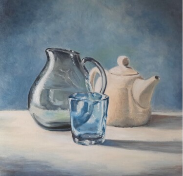 Картина под названием "Le verre bleu" - Sylvie Mespoulhé, Подлинное произведение искусства, Масло Установлен на Деревянная р…