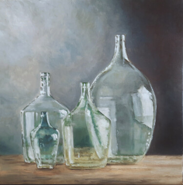 Painting titled "les carafes" by Sylvie Mespoulhé, Original Artwork, Oil Mounted on Wood Stretcher frame