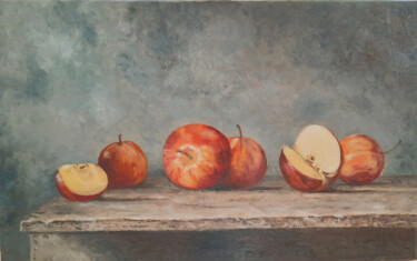 Painting titled "Les pommes" by Sylvie Mespoulhé, Original Artwork, Oil Mounted on Wood Stretcher frame