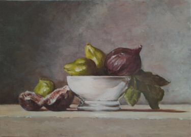 Painting titled "coupe aux figues" by Sylvie Mespoulhé, Original Artwork, Oil Mounted on Wood Stretcher frame