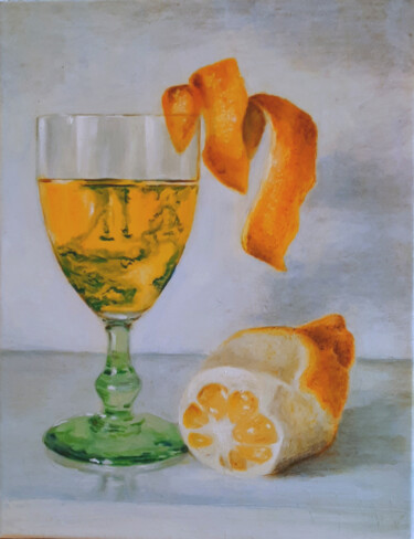 Painting titled "verre et citron" by Sylvie Mespoulhé, Original Artwork, Oil Mounted on Wood Stretcher frame