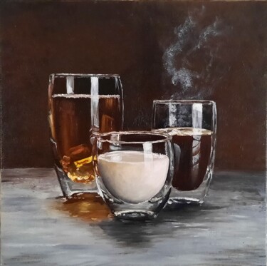 Painting titled "Thé, lait et café" by Sylvie Mespoulhé, Original Artwork, Oil Mounted on Wood Stretcher frame